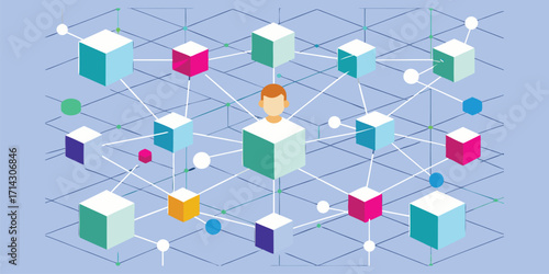 A network of connected isometric cubes and a central figure. These vector pictograms of a network, connection, technology, data, blockchain, cubes, isometric, digital, abstract, system illustration. 