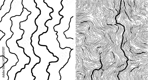 Intricate black and white line art with wavy patterns - abstract design for wall decor