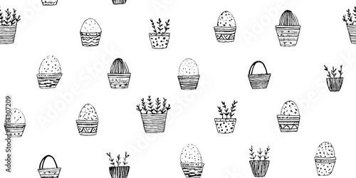 Black and white easter egg line art with potted plants pattern for holiday decor