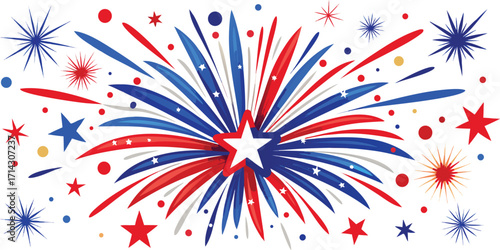 Happy New Year, red, white, and blue Fireworks. These vector pictograms of a celebration, color, colorful, design, event, explosion, festive, firework, fireworks, graphic, holiday, illustration.