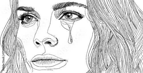 Emotional expression in black and white line art of a woman's face with tear drop