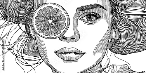 Intricate black and white line art of woman with citrus eye element for creative decor