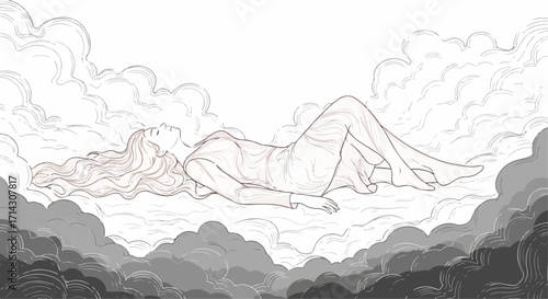 A woman lies peacefully among the clouds, her hair flowing freely, a serene and ethereal scene of tranquility and weightlessness, isolated on white background