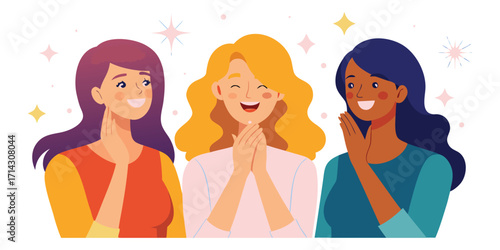 Three women of different ethnicities smiling with their hands on their cheeks and pastel sparkles. These vector pictograms of a female, diverse, multicultural, ethnic people, happy, joy illustration.