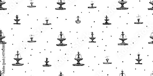 Elegant fountain pattern in black and white line art for decorative design and prints