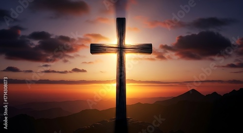 Jesus Christ Cross — Easter Resurrection Concept Featuring a Christian Cross Against a Dramatic Mountain Sunset with Colorful Sky, Dark Clouds, and Radiant Sunbeams, Symbolizing Triumph, Hope