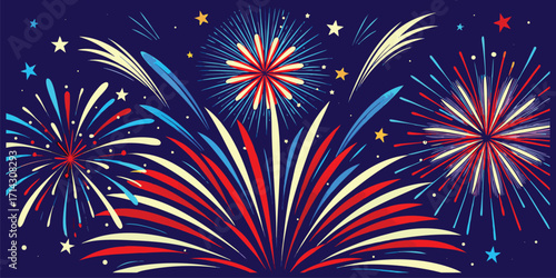 Happy New Year vibrant fireworks display. Vector pictograms  in a  celebration, holiday, event, display, explosion, light, night, dark, blue, sky, red, white, patriotic, festive, abstract illustration
