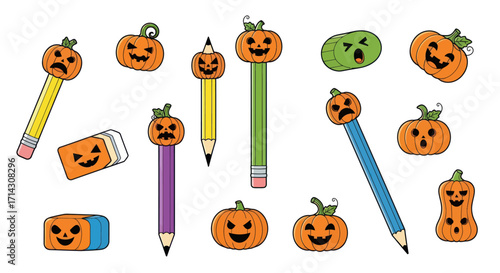 Halloween-themed pencils and erasers with carved pumpkin designs.