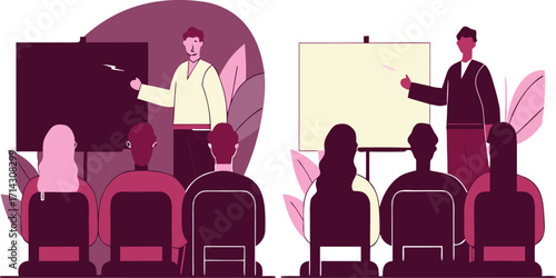 Two presentations with speakers and a seated audience.. These Vector pictograms of a meeting, seminar, lecture, classroom, training, learning, education, business, corporate, teamwork illustration. 
