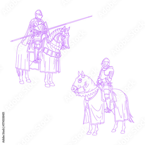 Line art illustration of a medieval knight on horseback.