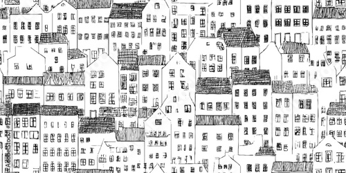 Intricate black and white line art of house facade - urban architecture pattern for decor and design