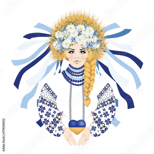 Beautiful blonde in Ukrainian embroidered dress with braided hair and a wreath of wheat ears, wildflowers and ribbons. Vector (EPS) illustration, isolated on white background