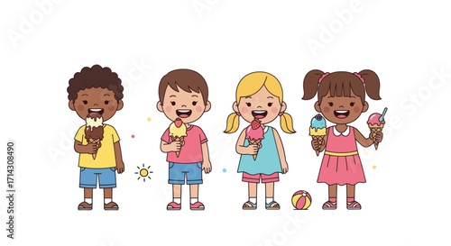 Four Children Enjoying Ice Cream Treats.