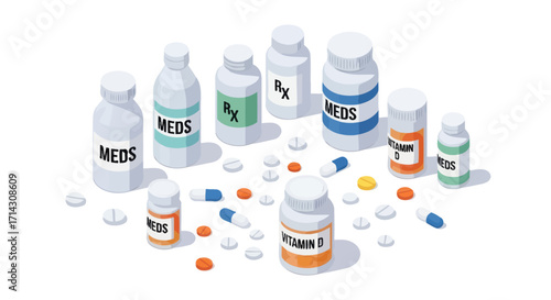 Assortment of Various Prescription Medicine Bottles and Pills.