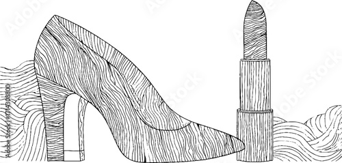 Minimalist black and white line art fashion concept with high heel and lipstick illustration in chic elegant modern style.
