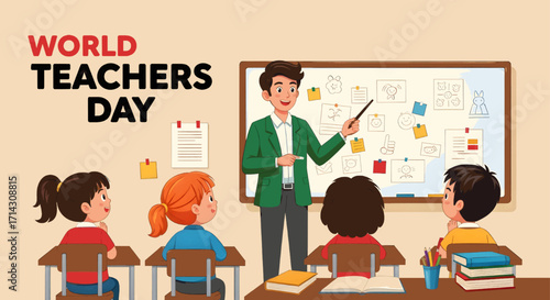World teachers day celebration with students in a bright classroom learning together vector