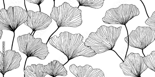 Black and white line art of ginkgo leaves pattern for decorative design