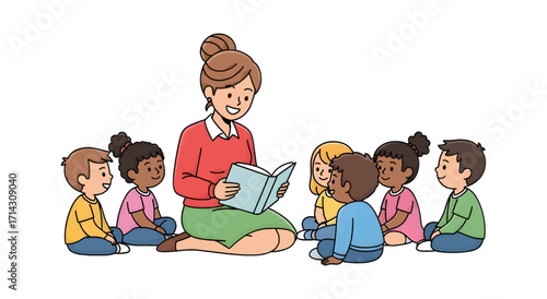 Nurturing teacher reads story to diverse group of young children in a cozy classroom setting vector