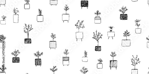 Minimalist black and white line art of potted plants for decoration