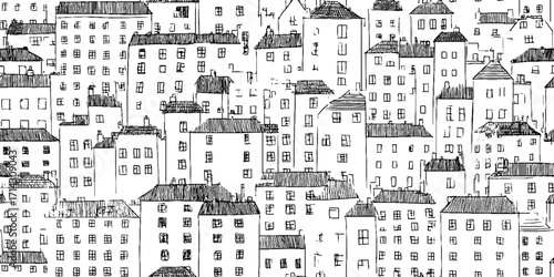 Minimalist black and white line art of urban cityscape with buildings and windows
