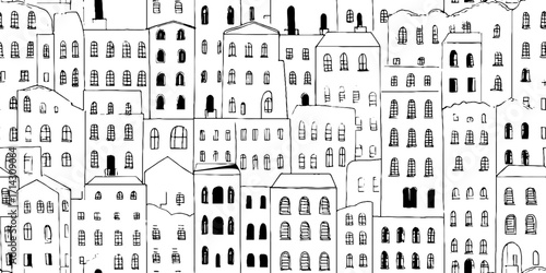 Black and white minimalist line art of urban building facades for modern wall decor