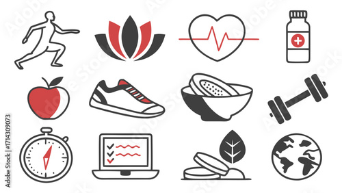 Health and wellness lifestyle icon set with yoga, meditation, heartbeat, water, food, sleep, dumbbell, spa, and nutrition flat vectors  wellness lifestyle icon set with yoga, meditation, hear