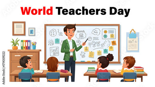 World teachers day celebration in classroom with students and teacher interactive learning vector