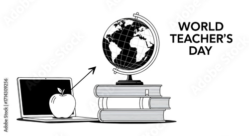 World teachers day celebration with globe books apple and tablet symbolic educational concept vector