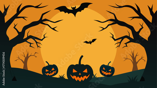 Pumpkins and Bats Framed by Bare Trees