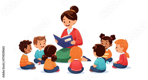 Teacher reads book to diverse group of young children sitting on floor together learning vector