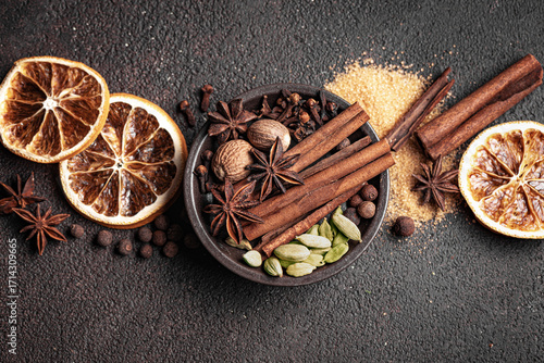 Fototapeta Naklejka Na Ścianę i Meble -  Christmas spices. Seasonal winter spices for mulled wine.