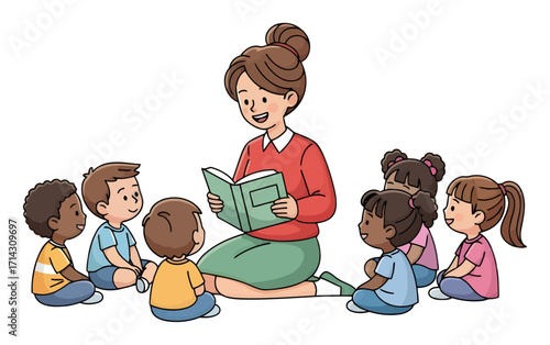 Joyful teacher reads to diverse group of engaged children in classroom setting vector