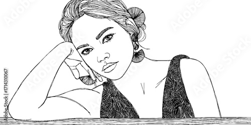 Black and white line art of stylish woman in thoughtful pose for modern art design