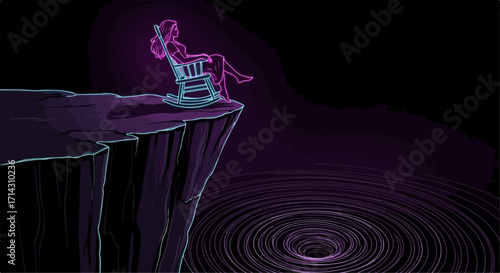 A woman sits on a rocking chair at the edge of a cliff, contemplating the abyss and the unknown depths of the human psyche