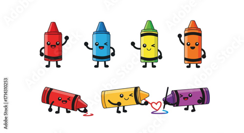 Cute Cartoon Crayons with Faces Drawing and Interacting.