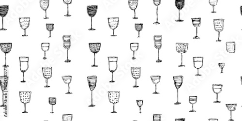 Black and white line art of wine glasses pattern for elegant decor and design