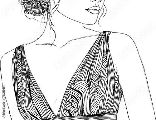 Elegant black and white line art of a woman's portrait in a sophisticated dress