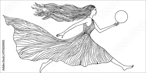 Elegant line art of woman in flowing dress with sphere for modern design
