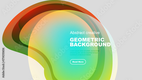 Abstract shapes overlap, creating vibrant gradient background. Text promotes further exploration. Modern design elements present.