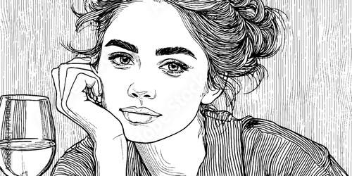 Black and white line art of contemplative woman with glass for modern decor