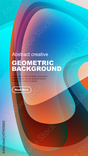 Abstract geometric background features vibrant colors, flowing shapes, text overlay, button. Modern design elements create dynamic visual impact.