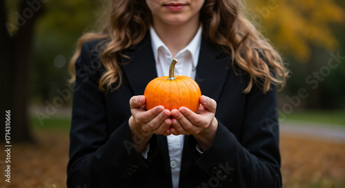 Woman holding small pumpkin in hands while standing outdoors  