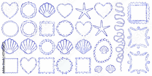 Collection of blue watercolor frames and decorative elements with seashells starfish and hearts for beach theme design