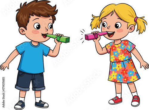 Cartoon children playing with party blowers, festive kids illustration, joyful celebration, colorful characters, birthday fun, cheerful design, playful childhood moment