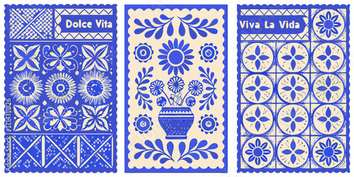 Triptych of mexican folk art inspired designs featuring floral motifs and decorative patterns in blue and cream