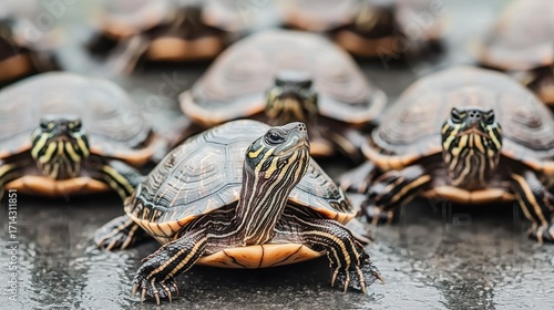 Close-up of Freshwater Turtles on Wet Surface in Group