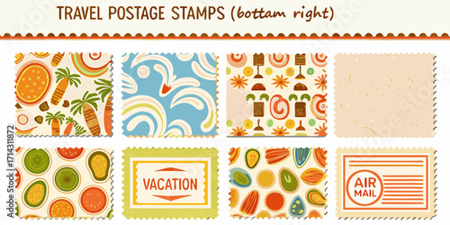 Collection of eight colorful travel postage stamps with vacation and air mail themes