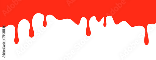 Simple border of red liquid dripping from the top in a clean, flat design. Top border of dripping blood for Halloween, paint, or a food sauce like ketchup
