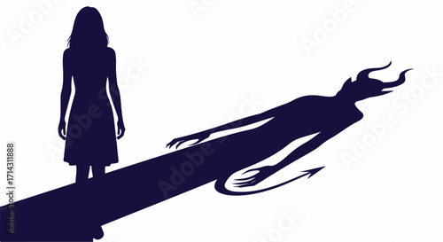 A womans silhouette casts a shadow of a devil, symbolizing inner conflict and the duality of human nature isolated on white background