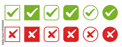 Green check mark and red cross icon set, tick and cross vector symbols for correct and wrong, approval and rejection buttons, flat design isolated icons for apps, websites, forms, and UI
